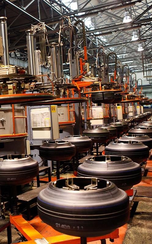 Row of curing presses installed and commissioned inside a tire plant